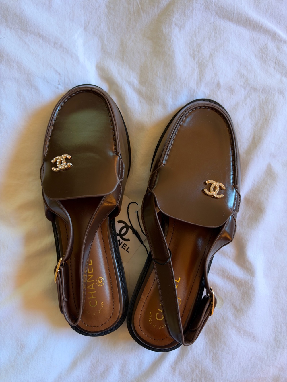 chanel brown gold CC logo leather loafers - women